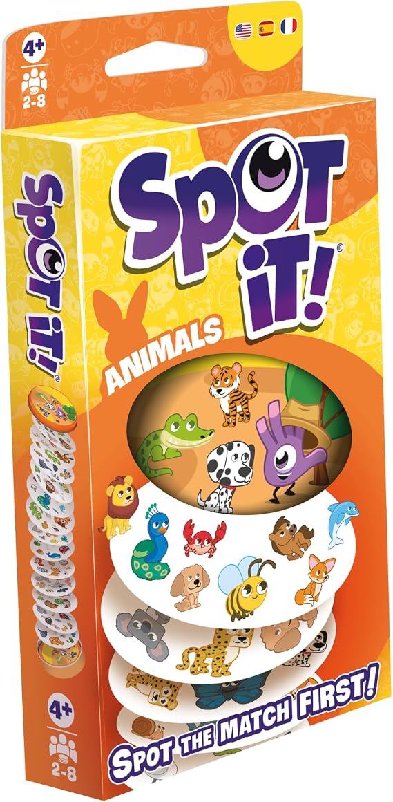 Asmodee Spot It! Animals (2024 Refresh) - Eco-Blister Edition, 5-in-1 Visual Perception Game for Quick Reflexes and Family Fun, Ages 4+, 2-8 Players, 15 Minute Playtime | Spot matching animal symbols before your opponents. Ages 4+, 2-8 players, 15 min.