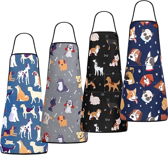 Cuffbow 4 Pcs Dog Grooming Apron Puppy Dog Pets Apron with 2 Pockets Cute Pet for Men Women Cooking Baking Painting Gardening As Pet Week Gift