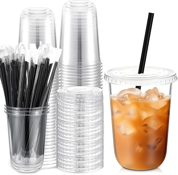 Ziliny 50 Sets 16 oz Clear Plastic Iced Coffee Cups with Lids and Straws