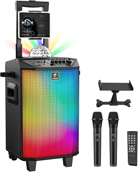 TONOR Wireless Karaoke Machine for Adults, PA System Portable Bluetooth Singing Speaker with 30 m/100 ft Dual Wireless Microphones Microfono, Disco Ball for Home Karaoke, Party, Class and Church K20