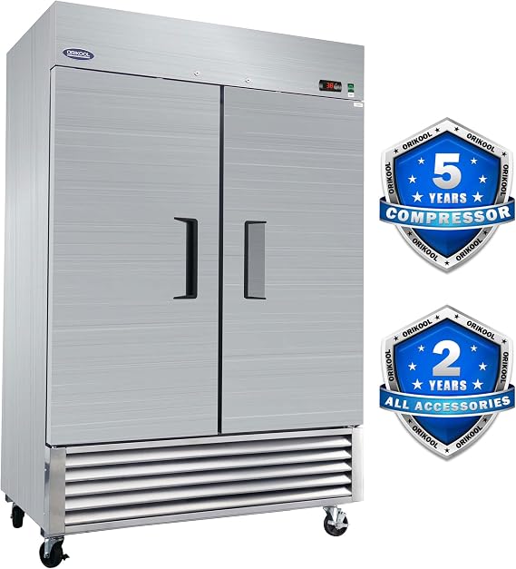 54" W Commercial Reach-In Upright Refrigerator - Double Doors Stainless Steel Fridge, 49 Cu.ft Capacity, 6 Adjustable Shelves, Auto Defrost, Digital thermostat control, LED Lighting