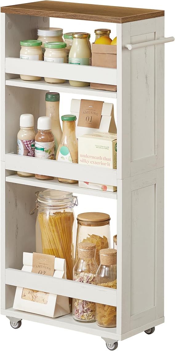 VASAGLE 4-Tier Slim Storage Trolley, Kitchen Trolley with Wheels, Handle, Small Space, 20 x 43.2 x 86.5 cm, Bathroom, Laundry Room, Rustic White and Honey Brown LRC051K01