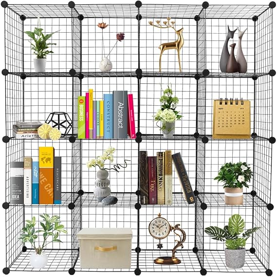 Wire Cube Storage Organizer, Modular Bookshelf, Wire Grid Storage Shelves, Stackable Cubes, DIY Bookcase Metal Grid Cubbies Durable for Bedroom, Living Room, Office, 16 Cubes Black