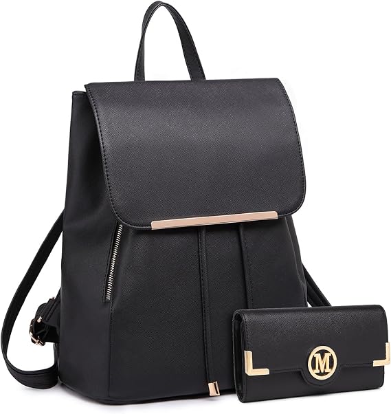 Miss Lulu Women's Backpack and Long Purse Set, PU Leather Drawstring Bag
