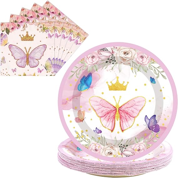 50 Pack Paper Plates and Napkins Birthday Party Decorations 25 * 7in Dessert Plates & 25 * 6.5in Napkins Party Supplies (Butterfly)