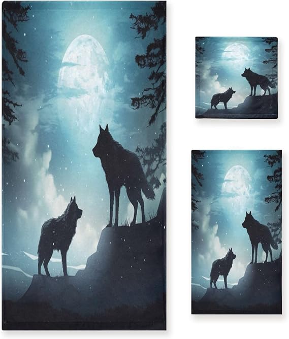 Blueangle Evening Moon Wolf Towel Set - 3-Piece Soft Absorbent Bathroom Towels for Spa & Home Decor (Includes Bath, Hand Towel & Washcloth)