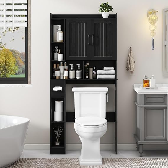 Vabches Farmhouse Over The Toilet Storage Cabinet with Barn Door, Black | Storage Cabinet Over Toilet, Home Space-Saving Toilet Rack, for Bathroom, Restroom, Laundry