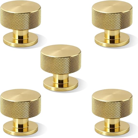 Knurled Cabinet Knobs Matte Black 5 pcs Solid Cupboard Handles Round Drawer Pulls for Kitchen and Furniture Dresser Wardrobe (Gold)