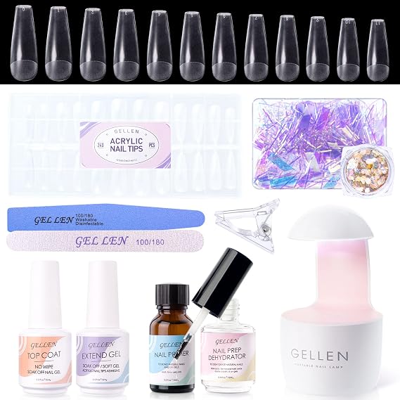 Gellen Coffin Nail Tips And Glue Gel Kit, Gel x Nail Kit 240Pcs Full Matte Fake Nails Coffin Nail Tips, 3 In 1 Nail Glue, LED Nail Lamp For Gel Nail Extension Kit, Nail Art Decorations Manicure Set