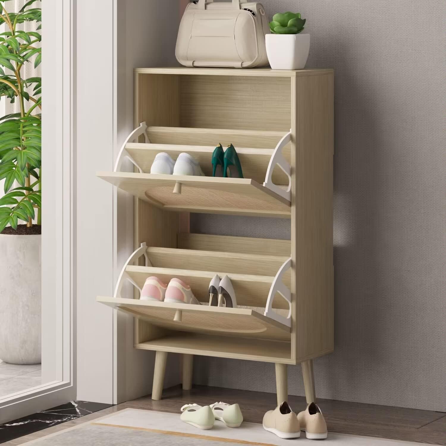 Entryway Shoe Cabinet,2 Flip Drawers Rattan Narrow Shoe Cabinet,Hidden Rattan Shoe Cabinet,Freestanding Tipping Shoe Rack Organizer,with Wood Legs,for Bedroom, Living Room, Hallway Natural