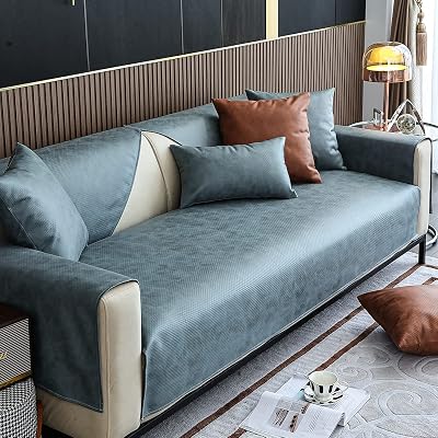 Faux Leather Waterproof Couch Sofa Cover Vintage PU Sectional Couch Cover Non Slip Sofa Slipcover Furniture Protector for Kids Dogs Cats Blue,28x28