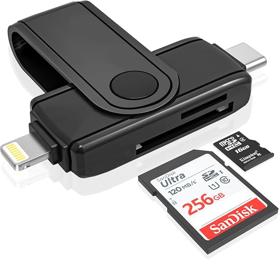 USB C Lightning SD Card Reader for iPhone 15 iPad Mac - 2 in 1 Micro SD/SD Card Adapter(Read two cards simultaneously), Portable Digital Camera Adapter Memory Card Reader, Plug and Play