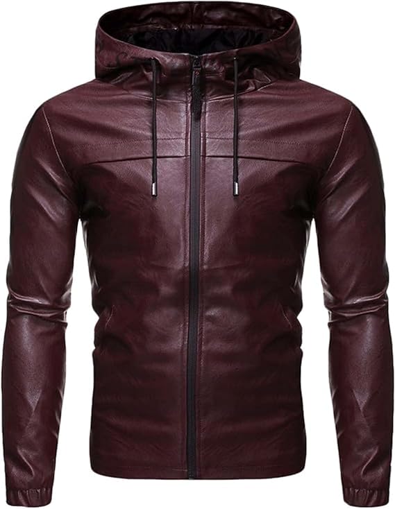 Mens Slim Fit Motorcyle Trench Coat Hooded Zipped Faux Leather Jacket Fall Winter Sport Bomber Leather Jakcets