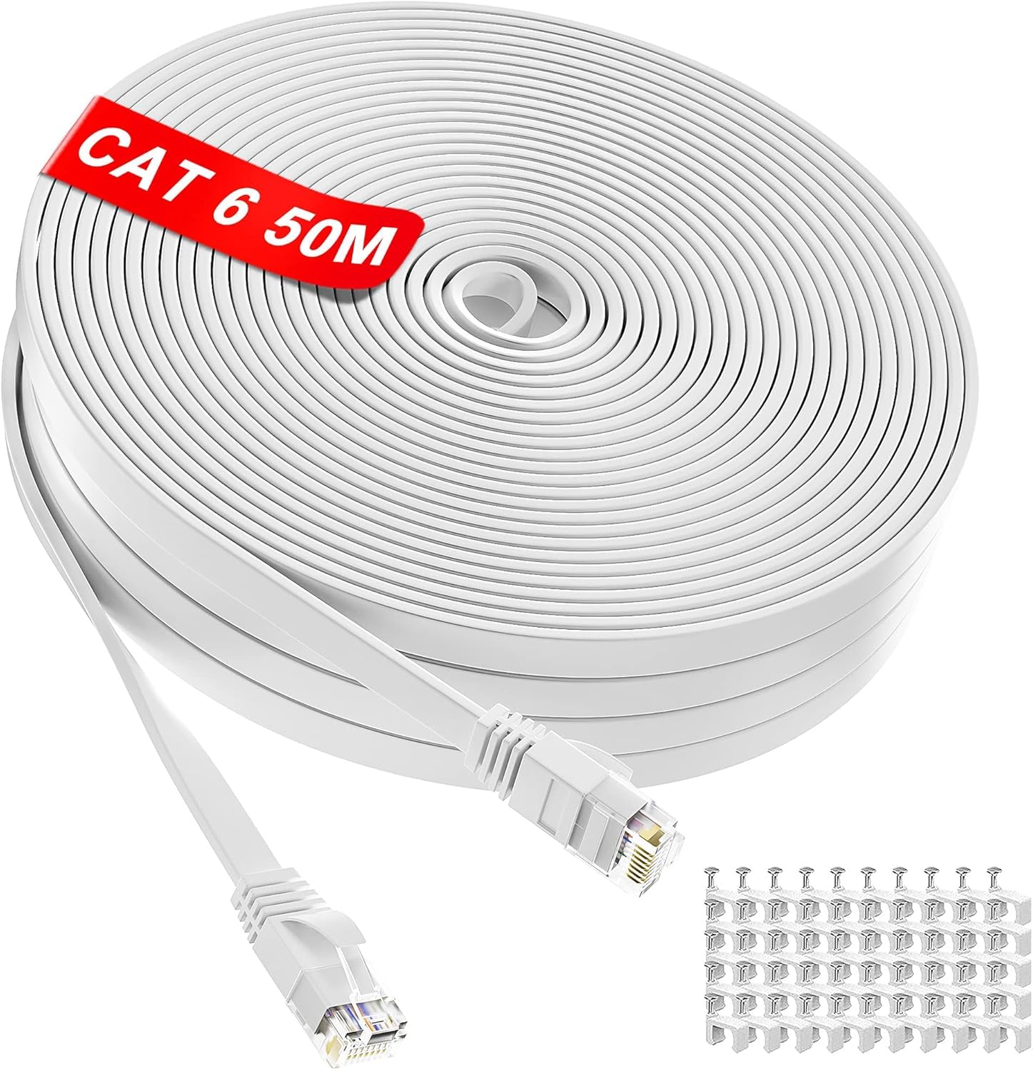 Long Ethernet Cable 50m - Flat Internet Cable 50m High Speed 101001000 Mbits Gigabit Network Cable RJ45 LAN Patch Cable, Faster than Cat5 Cat5E, Cheaper than Cat7-50 Free Clips, Outdoor Waterproof