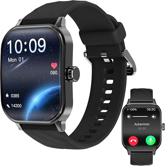 Curved Screen Smart Watch, Bluetooth Smart Watch for Men and Women, Bluetooth Call, IP67 Waterproof, AI Voice Assistant with HR Monitor for Sport Hiking Camping (Black)