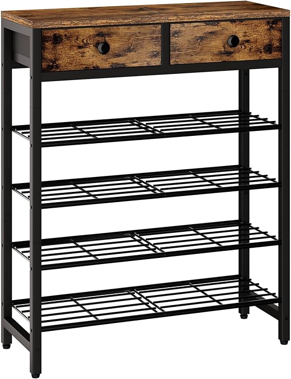 IBUYKE 5 Tier Shoe Rack, Metal Shoe Storage Organizer for 12-16 Pairs of Shoes, Modern Shoe Stand with 2 Drawers,Metal Shelf for Entryway Closet Bedroom, Rustic Brown TXJ041H