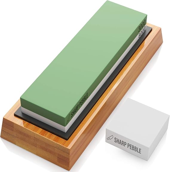 Sharp Pebble Whetstone Sharpening Stone 3000/8000 - with Flattening Stone | 3000 Grit Fine Sharpening & 8000 Grit Polished Finish - Kitchen Knife Sharpener Stone Kit with Non-Slip Bamboo Base