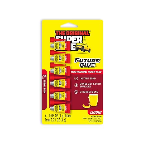 Super Glue Future Glue Liquid 6 Mini Single Use Tubes, Clear, Instant Bonding, Fast Dry, Professional Cyanoacrylate Adhesive, Great for Wood, Metal, Plastic, Crafts, Ceramic, and Toy Repairs