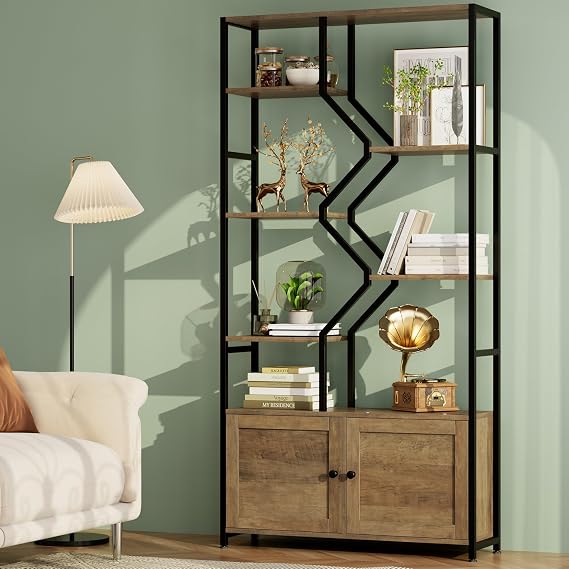 Keyluv 6 Tier Display Bookshelf with Storage Cabinet Doors, 76" Tall 39" Wide Multifunctional Bookcase, Standing Book Shelf Organizer for Home/Office/Living Room, Heavy Duty Metal & Wood, Rustic Brown
