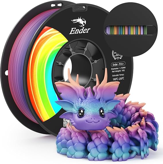 Creality Rainbow PLA+ Filament 1.75mm,1kg(2.2lb) Fast Changing Multicolor Gradient 3D Printer PLA Filament,Vivid Color, Better Toughness, Dimensional Accuracy +/- 0.02mm, Rainbow
