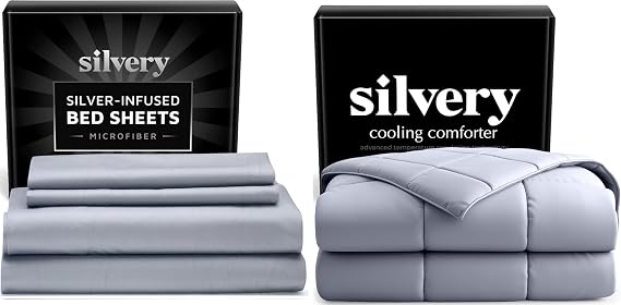 Silvery Save More Bed Sheets Full Cooling Comforter Full/Queen Value Bundle Ultra Soft, Cooling, and Self-Cleaning Sleep System