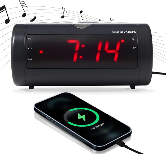 Sonic Blast Digital Alarm Clock Loud Alarm Clock for Heavy Sleepers Bedside Alarm Clock Android & iOS Compatible - Bluetooth Speaker, USB Port AUX Compatible
