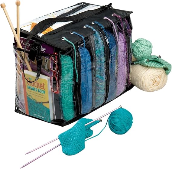 MEKBOK Knitting Organizer Portable Knitting Yarn Storage Bag With Multiple Pockets, Individual Compartments, Carrying Shoulder Strap - Clear Plastic Tote Bag For Needles, Crochets & Threads