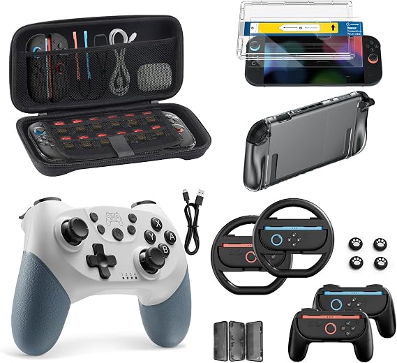 Pro Controller Accessories Bundle for Nintendo Switch 2, 17-in-1: Carrying Case, Screen Protector, Thumb Grip for Joycon, Dockable Console Protective Cover Shell, Steering Wheel, 2025 Switch2 Game Kit