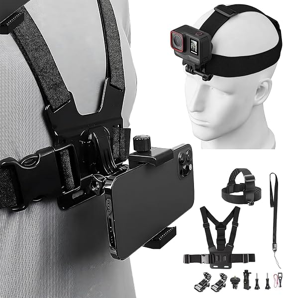 Phone Chest Mount Harness Holder Kit, Head Strap Holder & Mobile Phone Strap Clip for Filming Video, Adjustable & Stability Body Mount for GoPro 12/11/10 DJI Osmo & Most Phones Action Cameras POV/VLOG