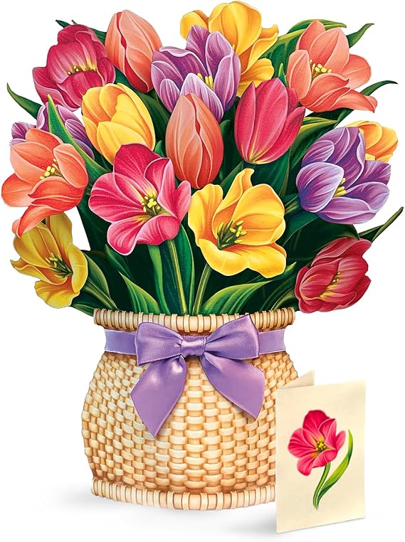 Freshcut Paper Festive Tulips 12 Inch Life-Sized 3D Pop Up Card Greeting Card, Birthday, Thank You, Anniversary, Gifts for Mom and Her Includes Notecard and Envelope