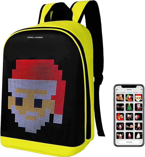 Crelander LED Backpack, 15 inch Laptop Backpack with Programmable Screen Smart Dynamic Shoulder Luggage Bag Cycling Travel Daypack Rucksack Personalized Gifts for Men Women (Yellow)
