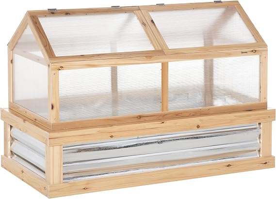 Raised Garden Bed with Polycarbonate Greenhouse, Wooden Garden Cold Frame Greenhouse, Flower Planter Protection, 48" x 24" x 32", Natural