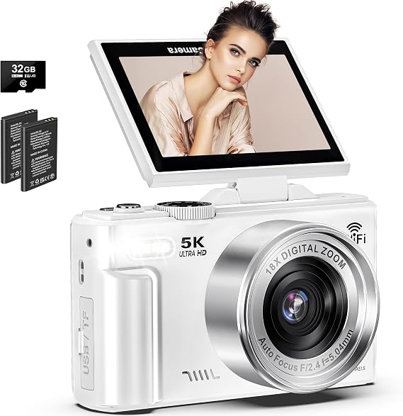 5K Digital Camera for Photography, 75MP WiFi Vlogging Camera for YouTube with 3" 180° Flip Screen, 18X Zoom UHD Autofocus Video Camara with 32GB SD Card