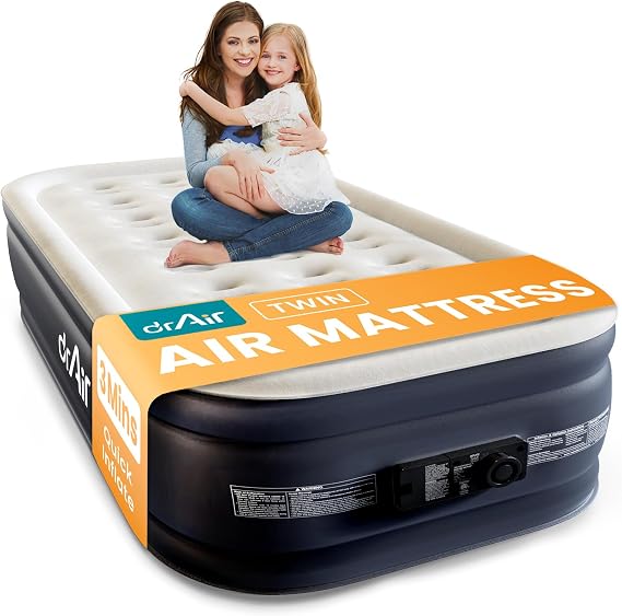 Dr. air Twin Air Mattress with Built-in Pump, 18 Raised Blow Up Mattress - 500 lbs Max Honeycomb Design, 3-Min Inflation, Waterproof Velvety Top, Ideal for Home, Guests & Camping, Colchon Inflable