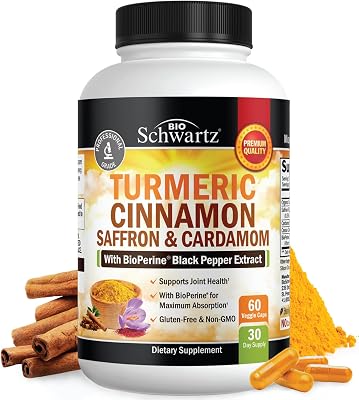 Turmeric Supplement with Saffron, Cinnamon and Cardamom Plus BioPerine Black Pepper Extract for Optimal Absorption, Natural Tumeric Curcumin Joint Support Supplement for Women and Men, 60 Capsules