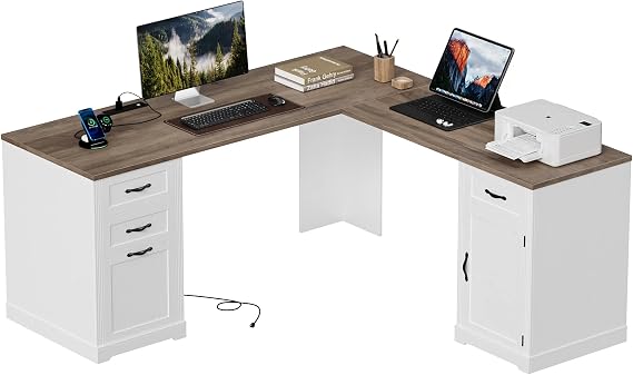 HIFIT Farmhouse Executive L Shaped Desk with Power Outlets, 60" Corner Computer Desk with 3 Storage Drawers & 2 File Cabinets, L Shaped Home Office Desk for Study, White