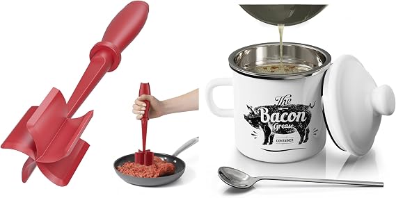 Red Meat Chopper and White Mini 15OZ Bacon Grease Container