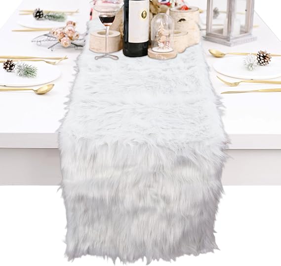 QCWN White Fur Table Runner,Thanksgiving Christmas Table Runners