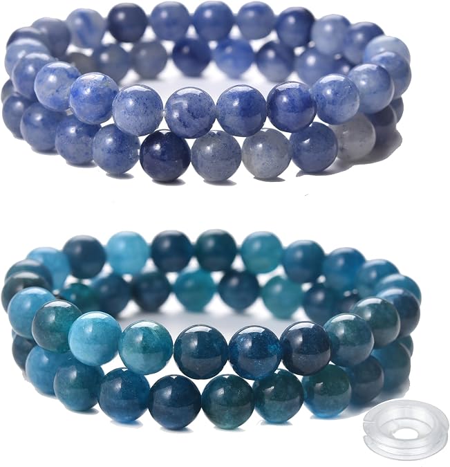 Crystal Beaded Bracelets Set, 4 Piece Gemstone Stretch Bracelets, Rose Quartz, Agate,Jasper, Tiger Eye and Multicolor Glass Beads with String