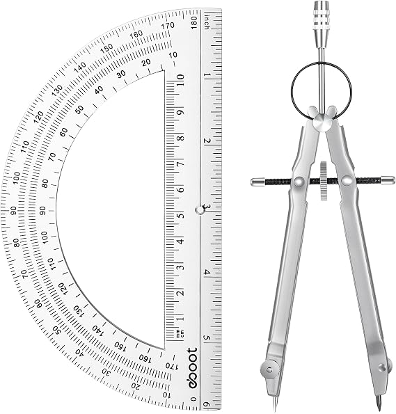 EBOOT Math Geometry Set Metal Compass 6" Clear Protractor, Silver