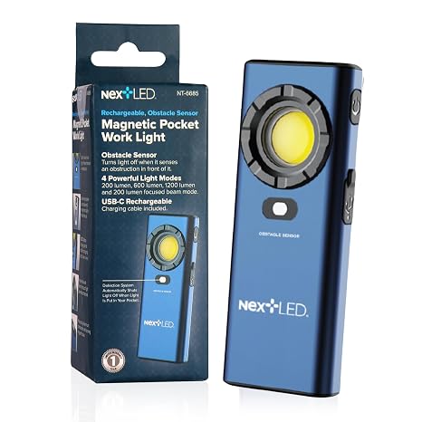 NextLED NT-6685 Pro LED Rechargeable Work Light, 1200 Lumen HVAC Flashlight w/Obstacle Sensor, Magnetic Work Light w/Hanging Hook, IPX7 Waterproof, Aluminum Case, for Job Site, Car Repair, Emergency