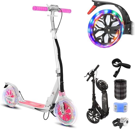 Adult Scooter 300 lbs Capacity, LED Big Wheels Scooters with Hand Brake & Shock Absorptio Sport Folding Kick Scooter for Kids 10 Years and up, 4 Adjustable Levels, Bearing ABEC 9