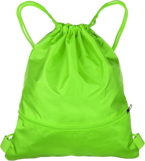 sourcing map Drawstring Backpack Bag 16.5" x 19.3" Oxford Cloth Bulk Cinch Sack Unisex Waterproof Draw String Back Sack with Zipper Pockets for Sports Gym Travel Swimming Beach, Green