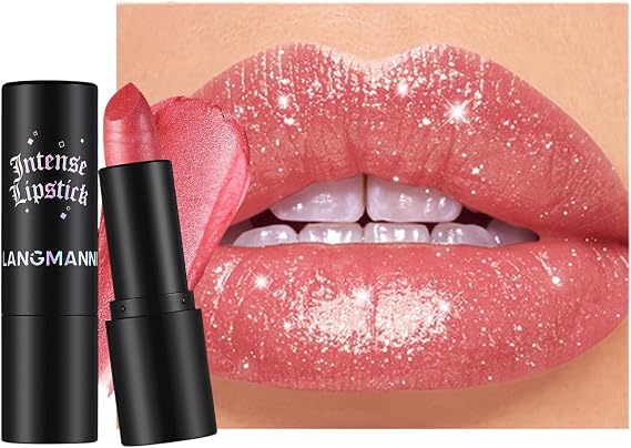 Diamond Glitter Lipstick,Gothic Glitter Lip Gloss,Pearl Shimmery Creamy Lips color, Hydrating Sparkling Shimmer Metallic Lipstick,High Pigmented Long Lasting LipGloss (Pink)