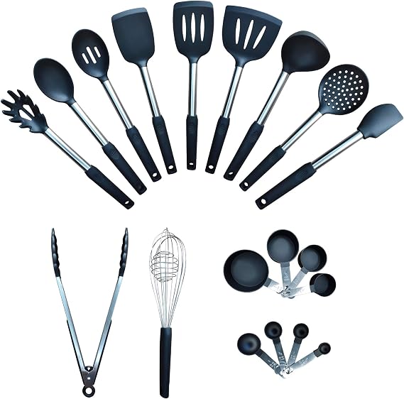 Home & Kitchen Essentials Cooking Utensils Set - Non Stick Silicone Kitchen Utensils Set - Stainless Steel Handles, Heat Resistant, BPA Free, and Dishwasher Safe (Black, 19 Pieces)