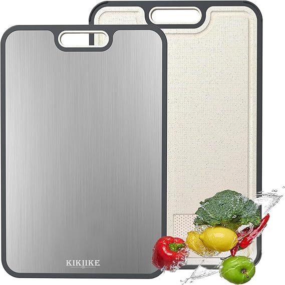 Titanium Chopping Board Double Sided Titanium Cutting Boards for Kitchen, Pure Titanium & Wheat Straw PP Metal Cutting Board, Non-Slip Durable and Easy to Clean (Large)