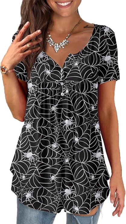 Roshop Halloween Tunic Women Button Up Henley V-Neck Loose Tops