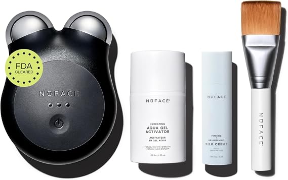 NuFACE MINI+ Microcurrent Facial Device Kit - FDA Cleared Face Sculpting & Skin Firming Device to Contour & Tone + Microcurrent Gel Activator, Silk Creme & Applicator Brush - Midnight Black