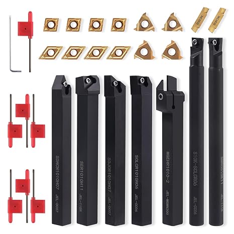 Indexable Lathe Turning Tool 3/8" 10mm Shank 21PCS Kit for Turning | 7PCS Metal Lathe Tools Holder 14PCS Carbide Insert for Boring Grooving Cutting Threading