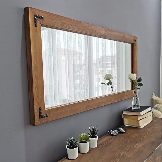 NEOstill Doğal Ahşap Dekoratif Salon Duvar Ayna 110x50 Cv